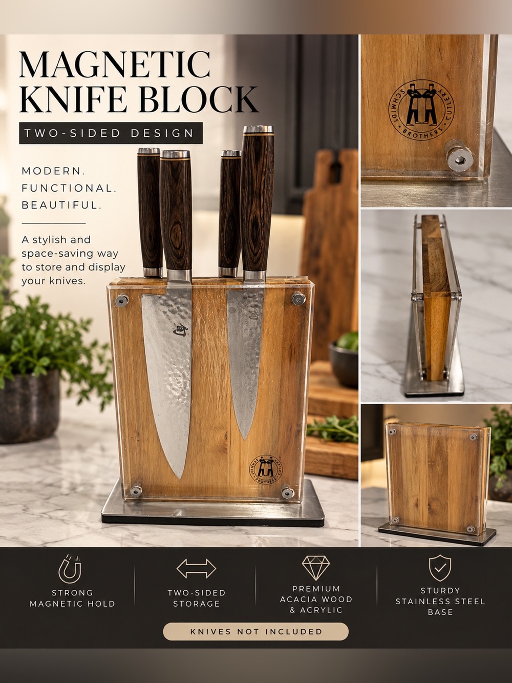 Schmidt Brothers Acacia Midtown Two-Sided Magnetic Knife Block